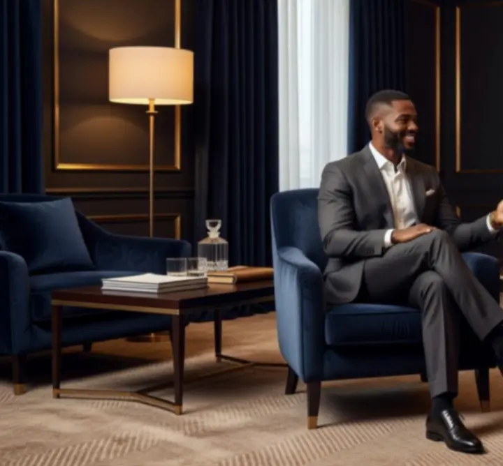 Man relaxing in a sophisticated lounge in a tailored outfit