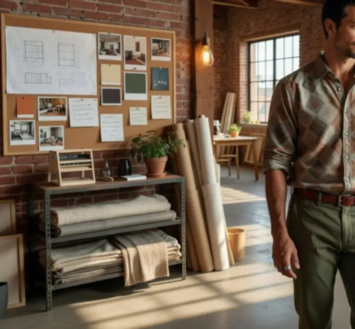 Creative entrepreneur wardrobe featuring layered textures and modern menswear