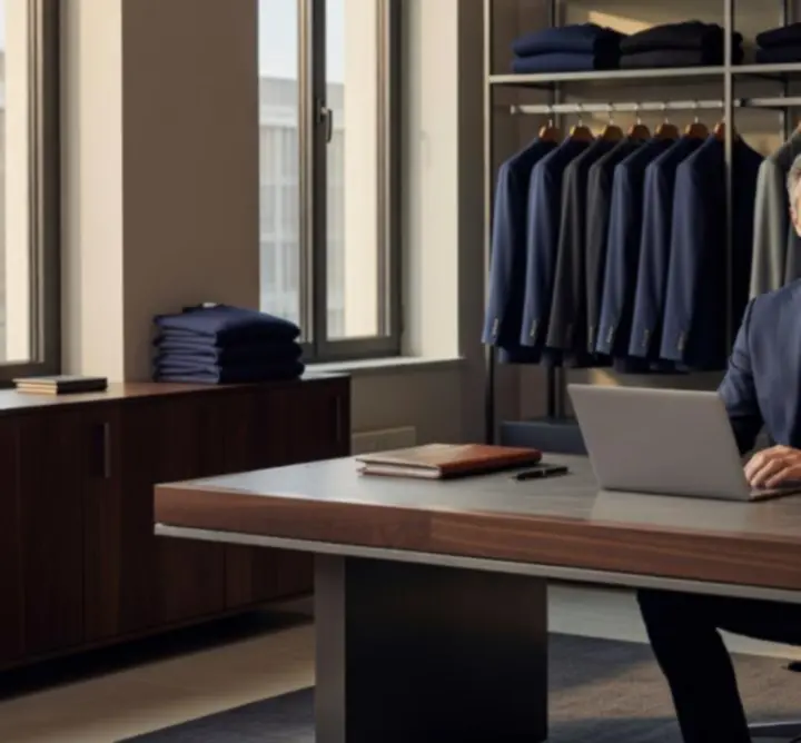 Founder of Tryhardgg Solutions Limited working at a desk with fabric swatches and style lookbooks.