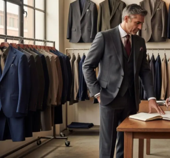 Luxury fashion stylist reviewing menswear looks on a rack
