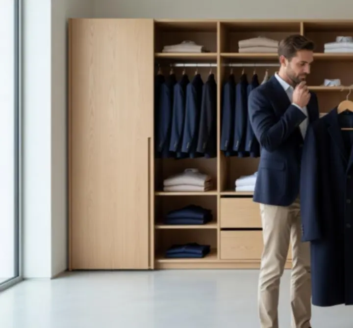 Minimalist men's wardrobe with neatly arranged neutral garments