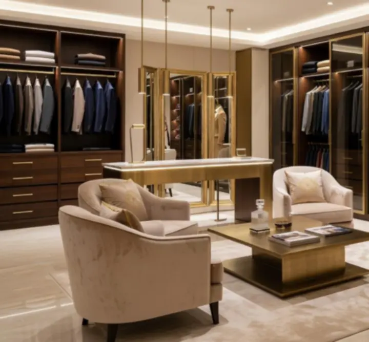 Elegant menswear consulting studio with rails of tailored garments and a refined seating area.