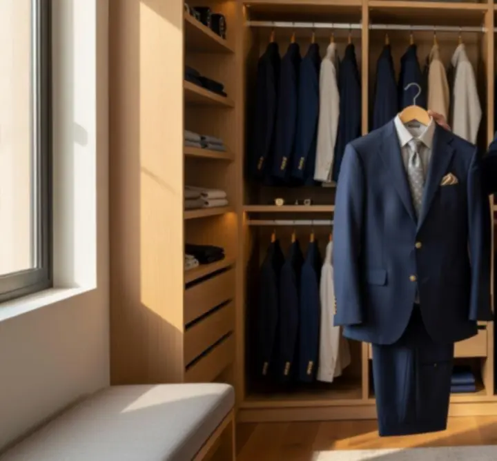 Refined men's wardrobe layout showcasing coordinated outfits