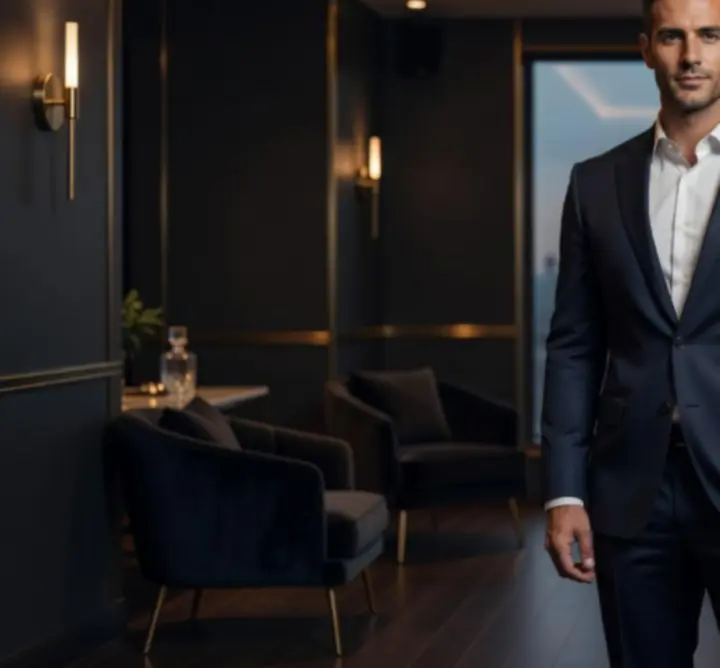 A confident, stylish man in a contemporary urban setting