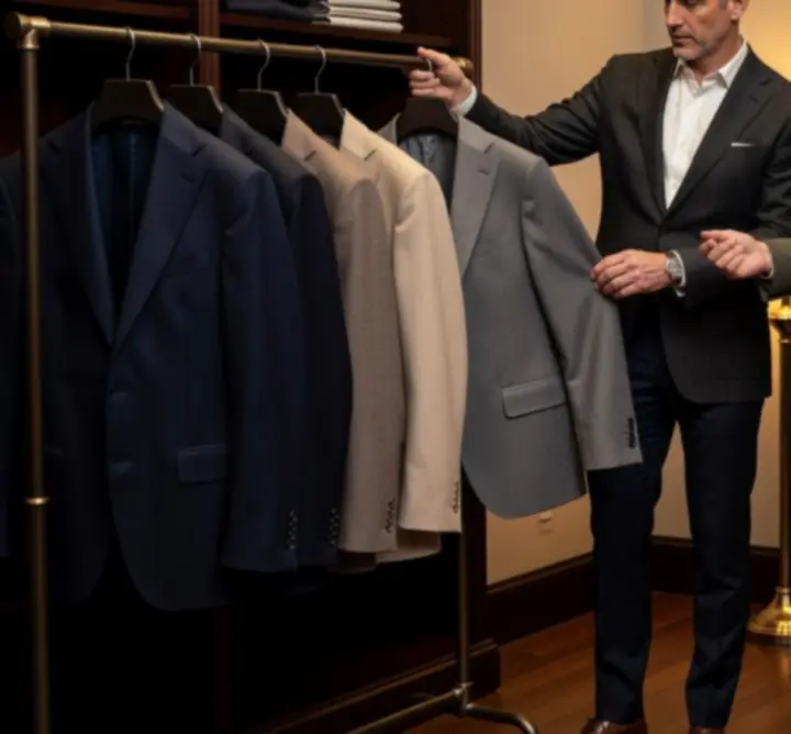 Personal stylist guiding a client through a refined menswear selection