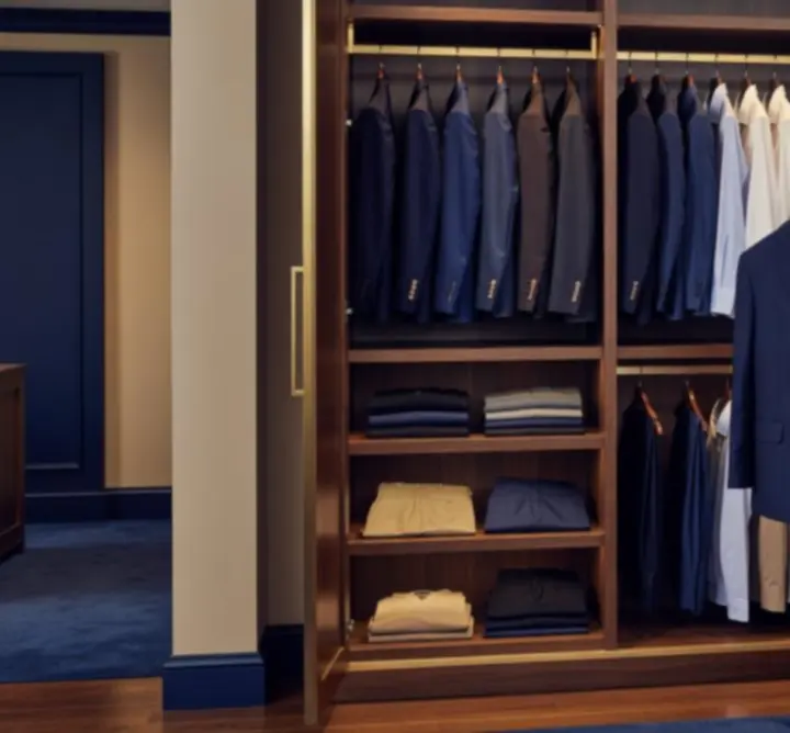 Curated men's wardrobe with organised clothing and accessories