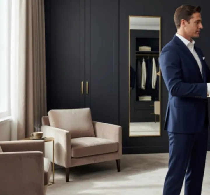 Tryhardgg Solutions Limited wardrobe consultant reviewing outfits with a male client